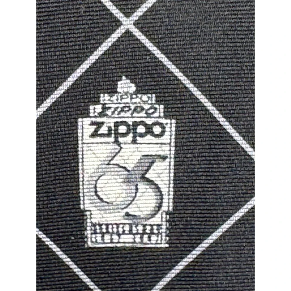 Vtg Zippo 65th Anniversary Silk Necktie Black Diamond Pattern Flame Accents Mens